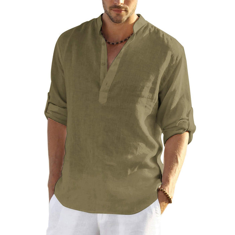 Herren Baumwoll-Leinen-Hemd Lange Ärmel Hippie-lässig Strand T-Shirt