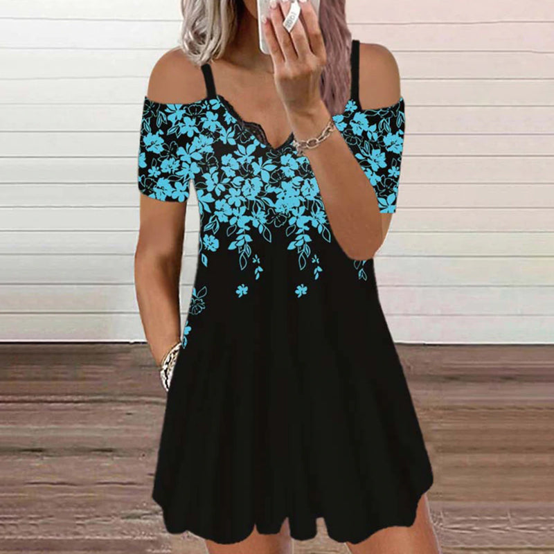 Stilvolles Sexy Schulterfreies Kleid Mit V-Ausschnitt Und Blumenmuster