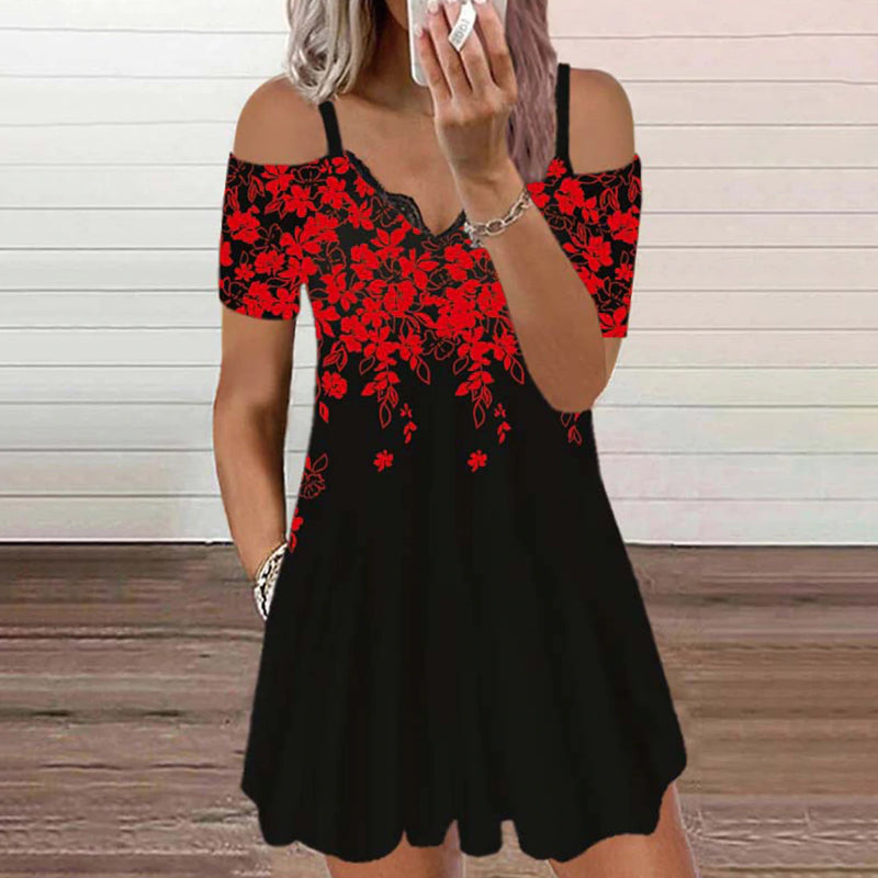 Stilvolles Sexy Schulterfreies Kleid Mit V-Ausschnitt Und Blumenmuster