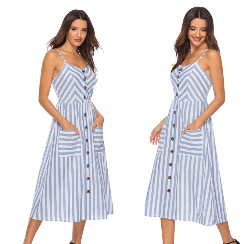 Gestreifte Spaghetti-Träger der Frauen Button-Down-Swing-Midikleid mit Taschen Sommer-Strandfest-Sommerkleid-Blau